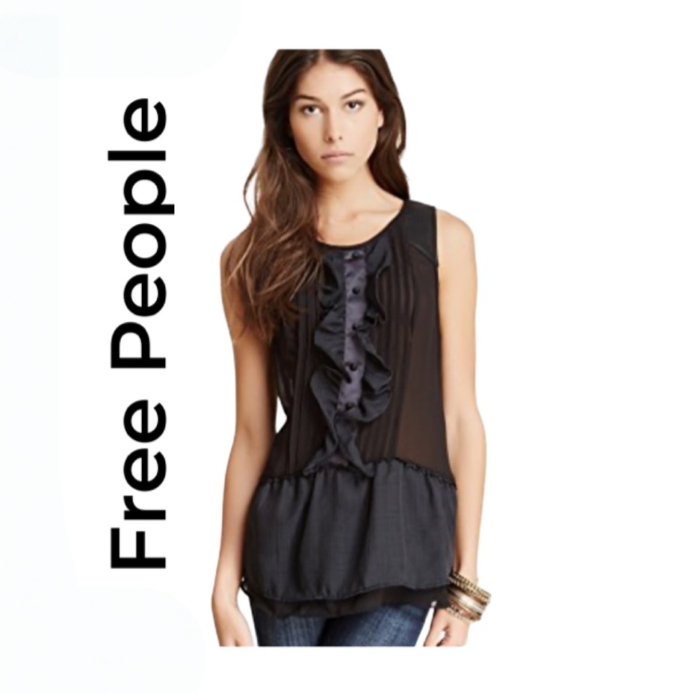 Free People.EUC.Black&Navy Ruffle tuxedo blouse with faux leather detail. Large
